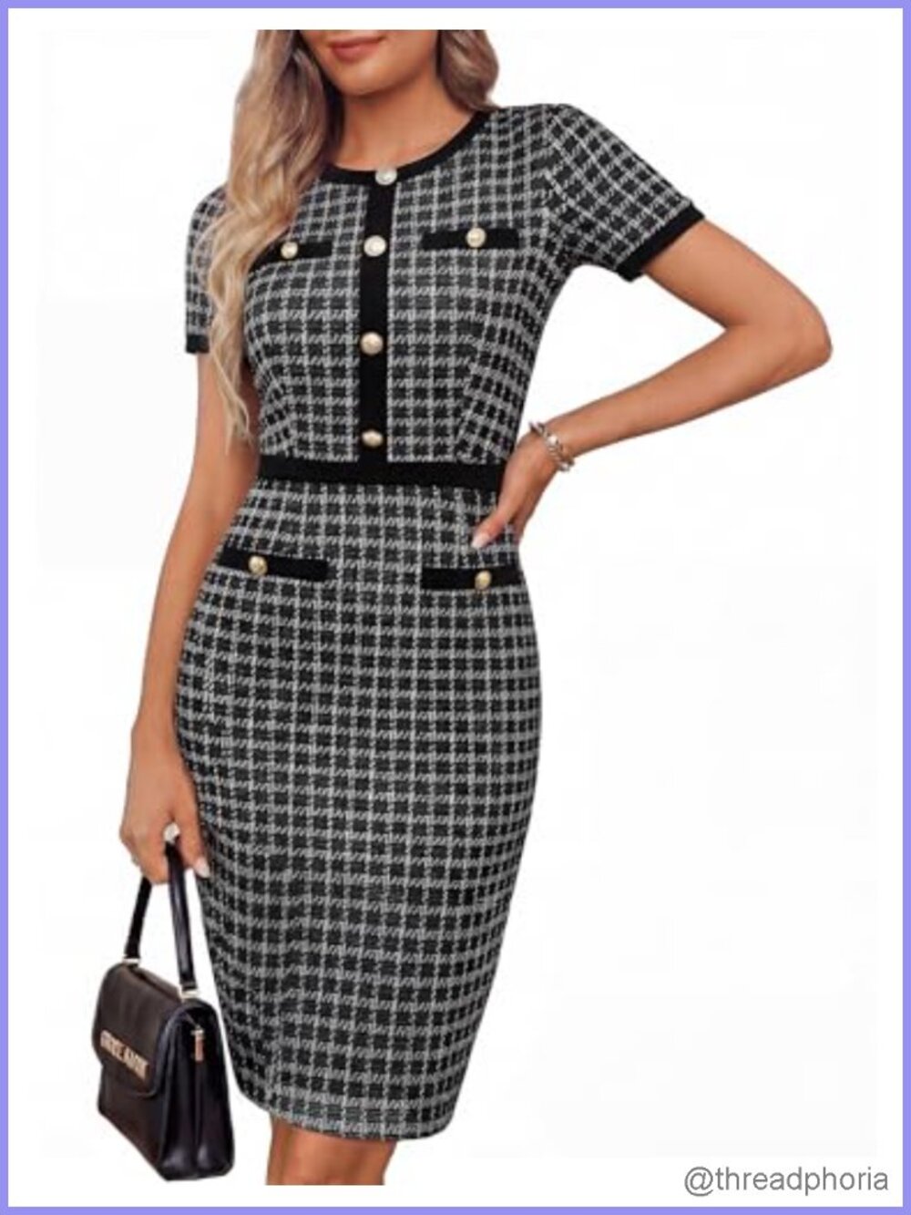 Women's Short Sleeve Plaid Tweed Bodycon Work Pencil Dress with Pockets